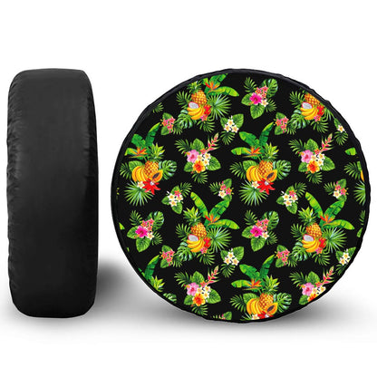 Black Tropical Hawaiian Pattern Print Tire Cover