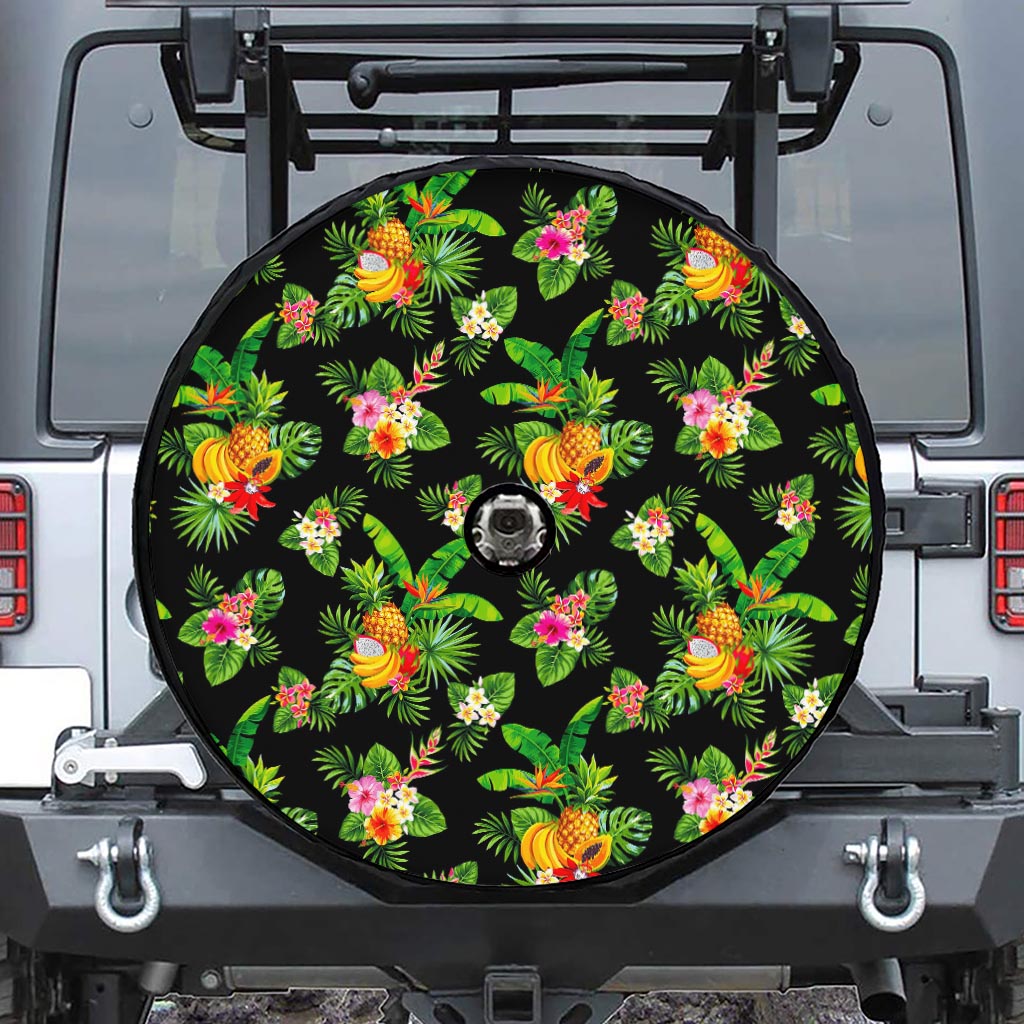Black Tropical Hawaiian Pattern Print Tire Cover With Camera Hole