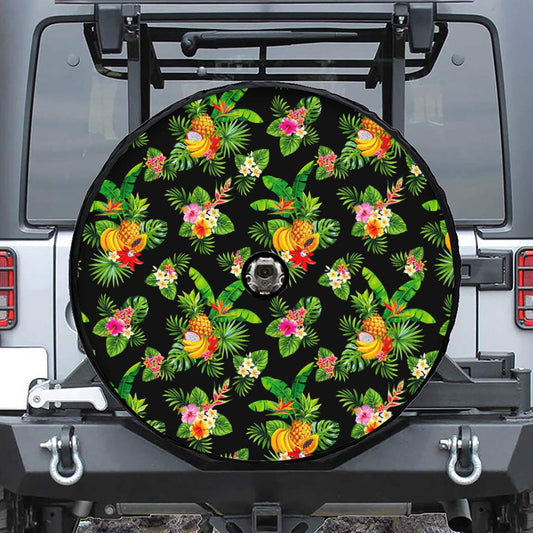 Black Tropical Hawaiian Pattern Print Tire Cover With Camera Hole