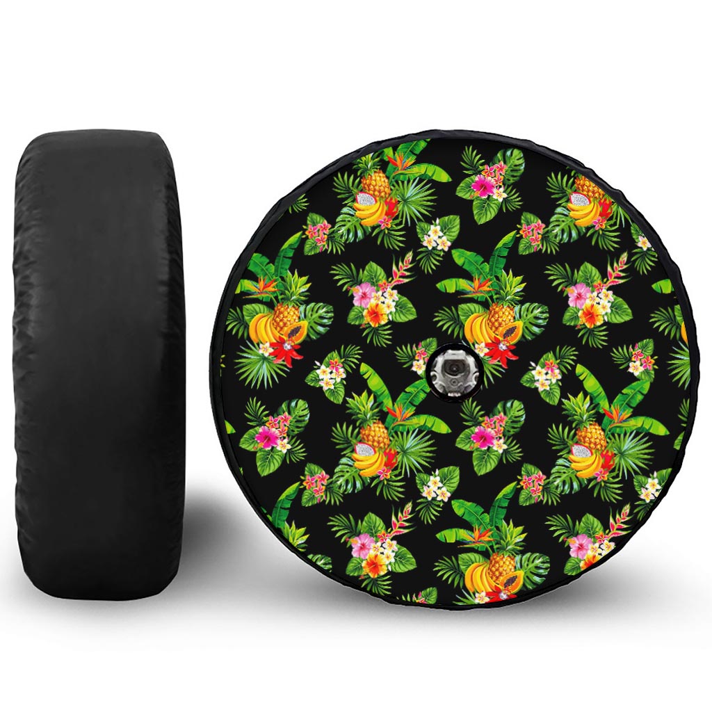 Black Tropical Hawaiian Pattern Print Tire Cover With Camera Hole