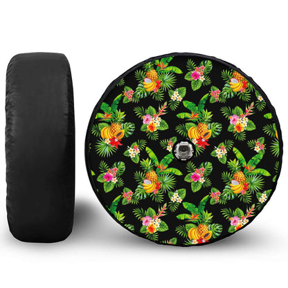 Black Tropical Hawaiian Pattern Print Tire Cover With Camera Hole