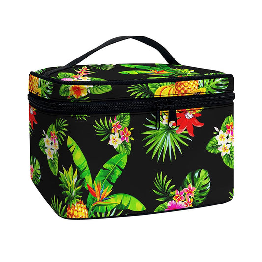Black Tropical Hawaiian Pattern Print Travel Makeup Bag