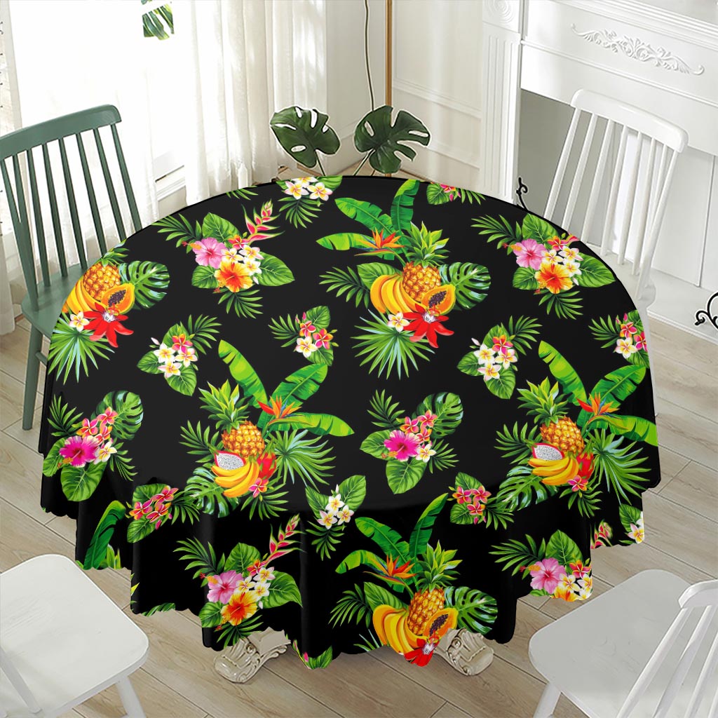 Black Tropical Hawaiian Pattern Print Waterproof Round Tablecloth