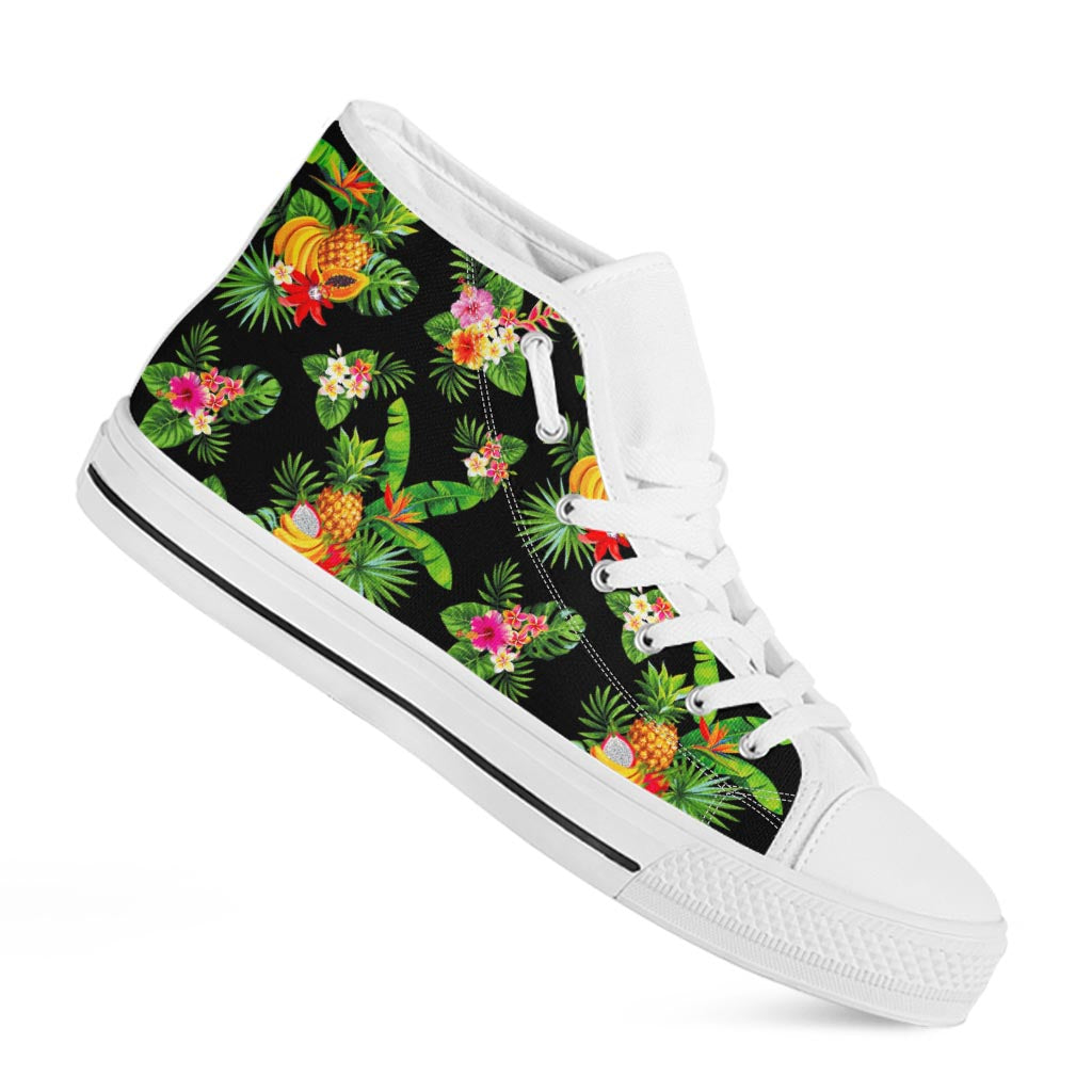 Black Tropical Hawaiian Pattern Print White High Top Sneakers