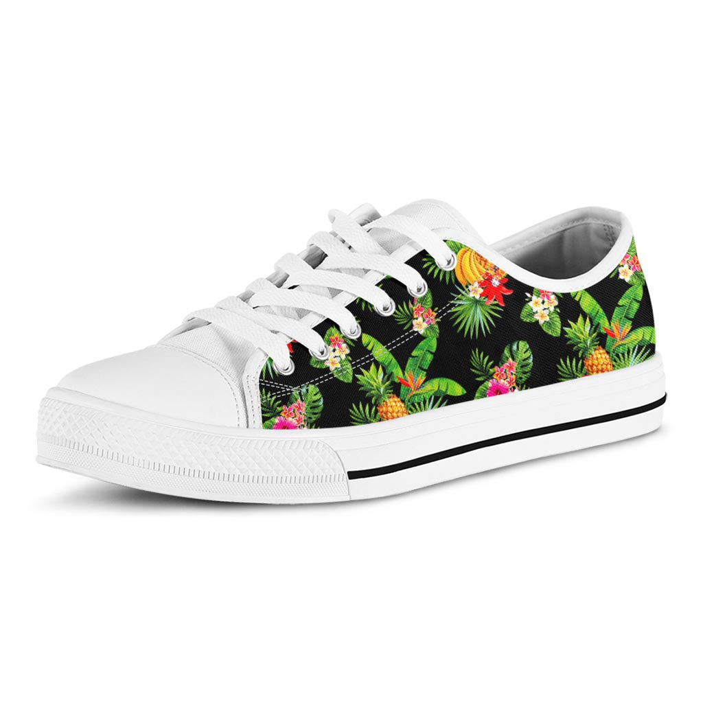 Black Tropical Hawaiian Pattern Print White Low Top Sneakers