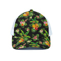 Black Tropical Hawaiian Pattern Print White Mesh Trucker Hat