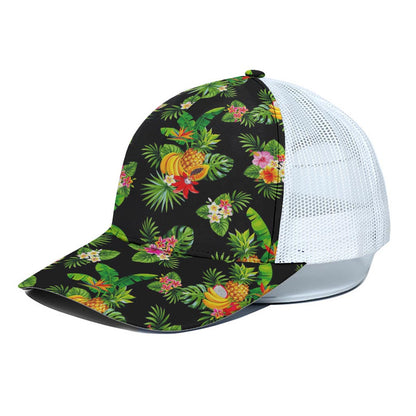Black Tropical Hawaiian Pattern Print White Mesh Trucker Cap