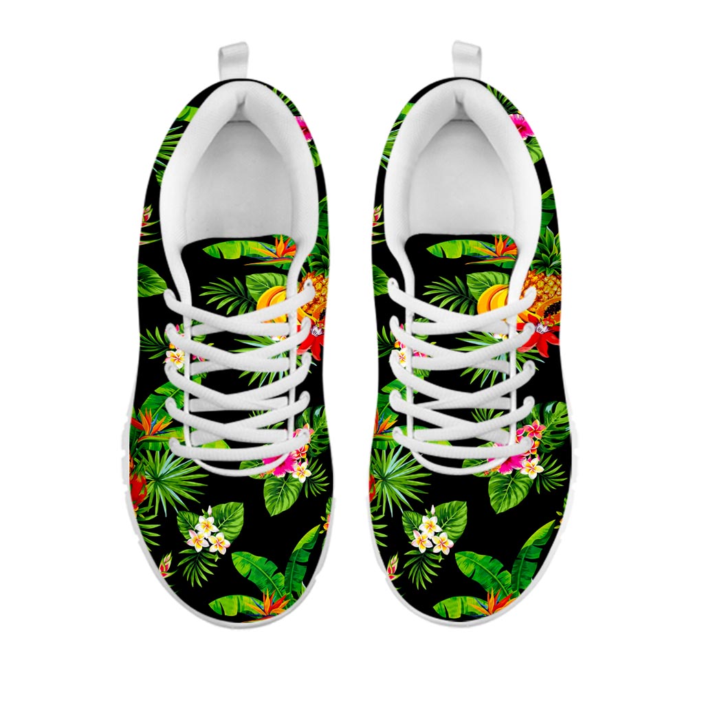 Black Tropical Hawaiian Pattern Print White Running Shoes