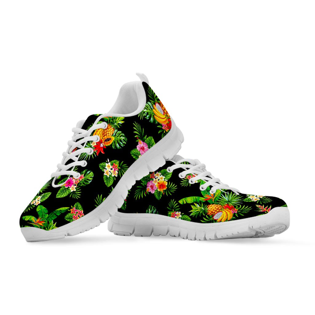 Black Tropical Hawaiian Pattern Print White Running Shoes