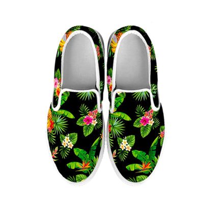 Black Tropical Hawaiian Pattern Print White Slip On Sneakers