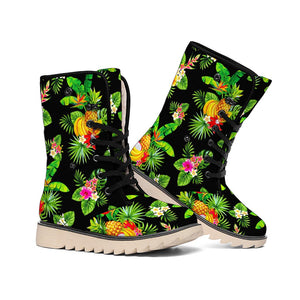 Black Tropical Hawaiian Pattern Print Winter Boots