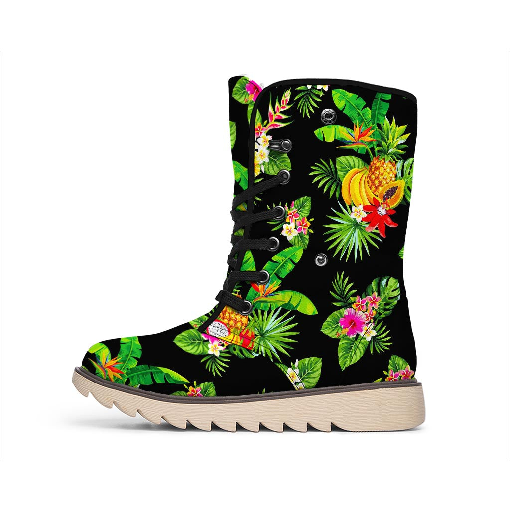 Black Tropical Hawaiian Pattern Print Winter Boots