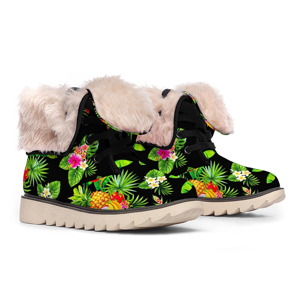 Black Tropical Hawaiian Pattern Print Winter Boots