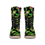 Black Tropical Hawaiian Pattern Print Winter Boots