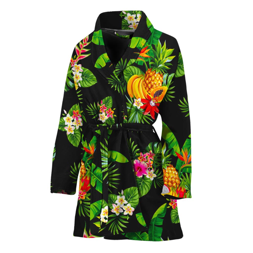 Black Tropical Hawaiian Pattern Print Women's Bathrobe