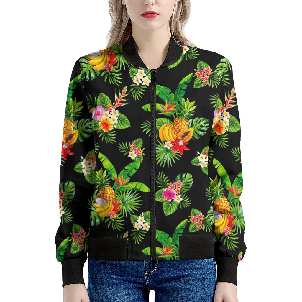 Black Tropical Hawaiian Pattern Print Women's Bomber Jacket