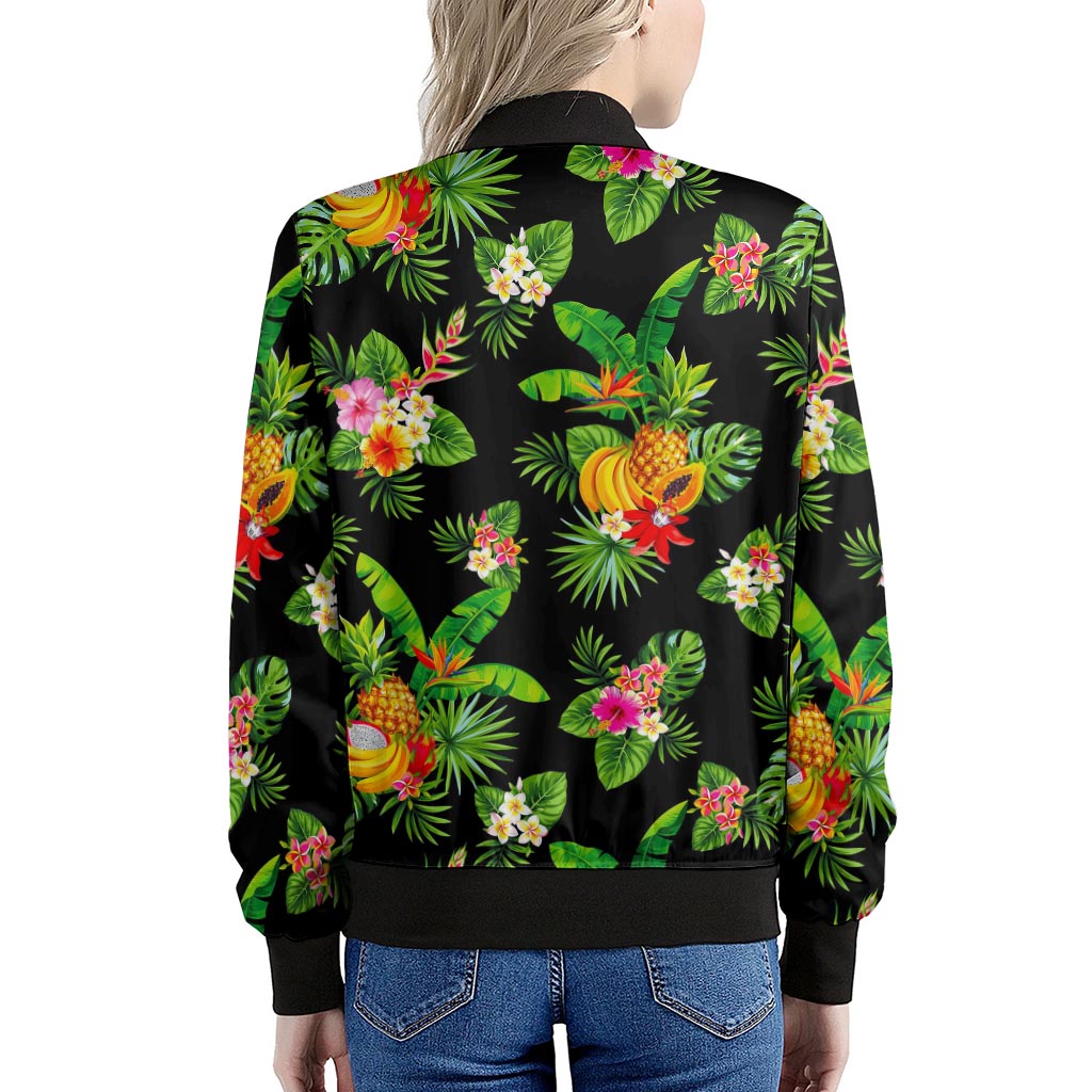 Black Tropical Hawaiian Pattern Print Women's Bomber Jacket