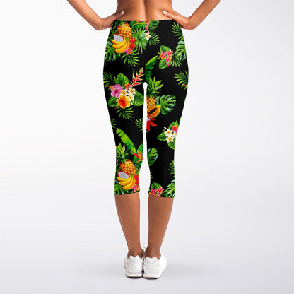 Black Tropical Hawaiian Pattern Print Women's Capri Leggings