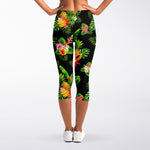 Black Tropical Hawaiian Pattern Print Women's Capri Leggings
