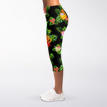 Black Tropical Hawaiian Pattern Print Women's Capri Leggings