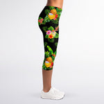 Black Tropical Hawaiian Pattern Print Women's Capri Leggings
