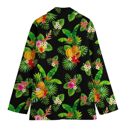 Black Tropical Hawaiian Pattern Print Women's Cotton Blazer