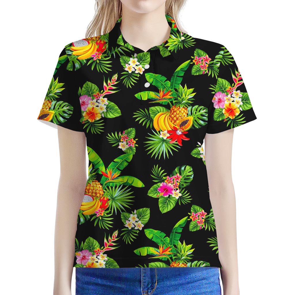 Black Tropical Hawaiian Pattern Print Women's Polo Shirt