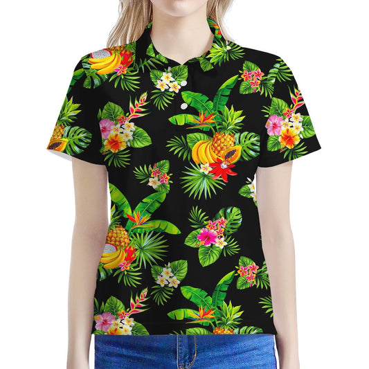 Black Tropical Hawaiian Pattern Print Women's Polo Shirt