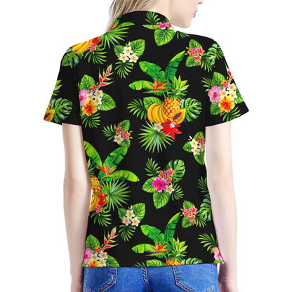 Black Tropical Hawaiian Pattern Print Women's Polo Shirt