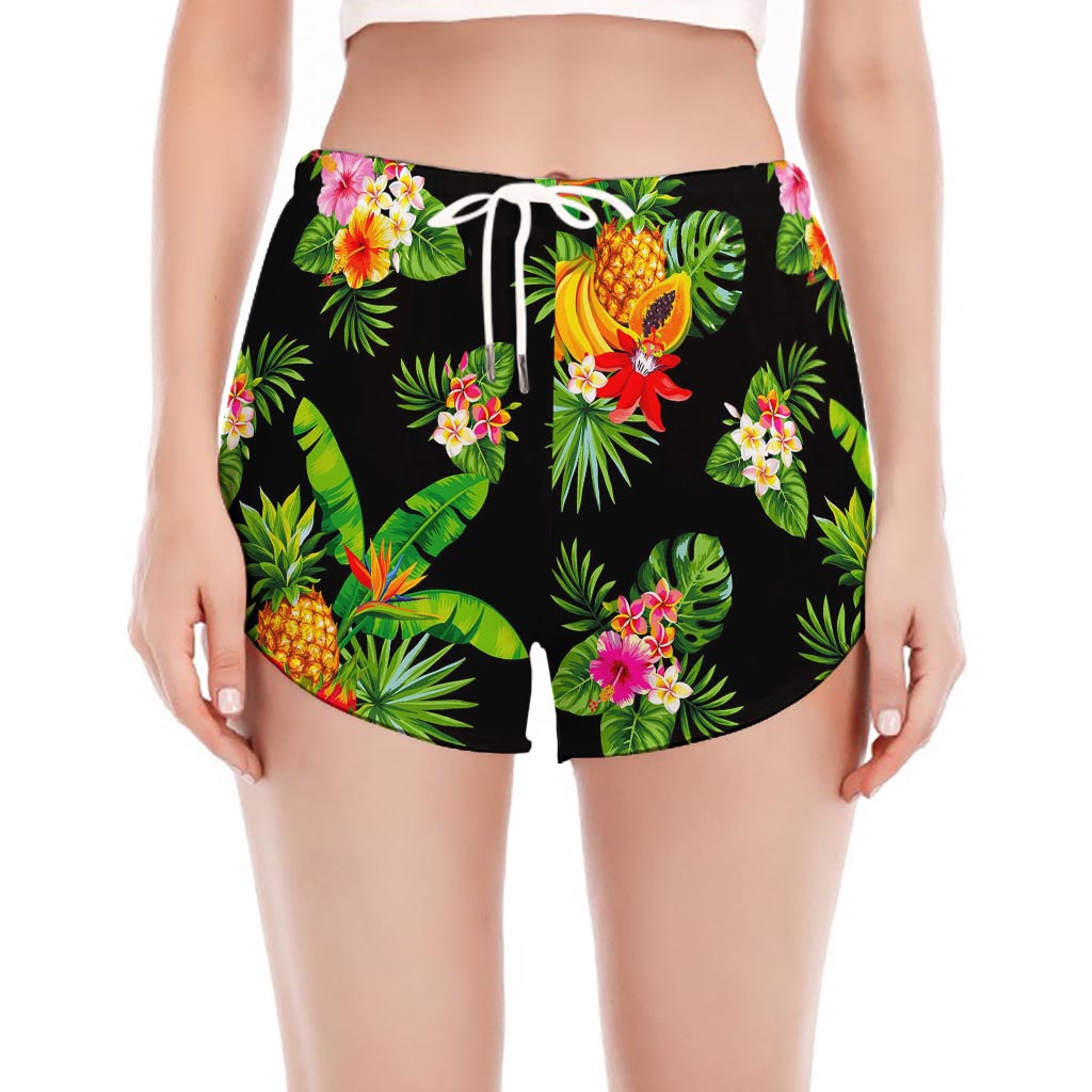 Black Tropical Hawaiian Pattern Print Women's Split Running Shorts
