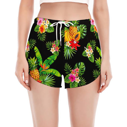 Black Tropical Hawaiian Pattern Print Women's Split Running Shorts