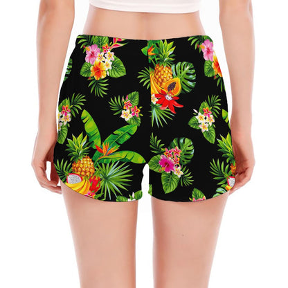 Black Tropical Hawaiian Pattern Print Women's Split Running Shorts