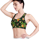 Black Tropical Hawaiian Pattern Print Women's Sports Bra