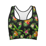Black Tropical Hawaiian Pattern Print Women's Sports Bra
