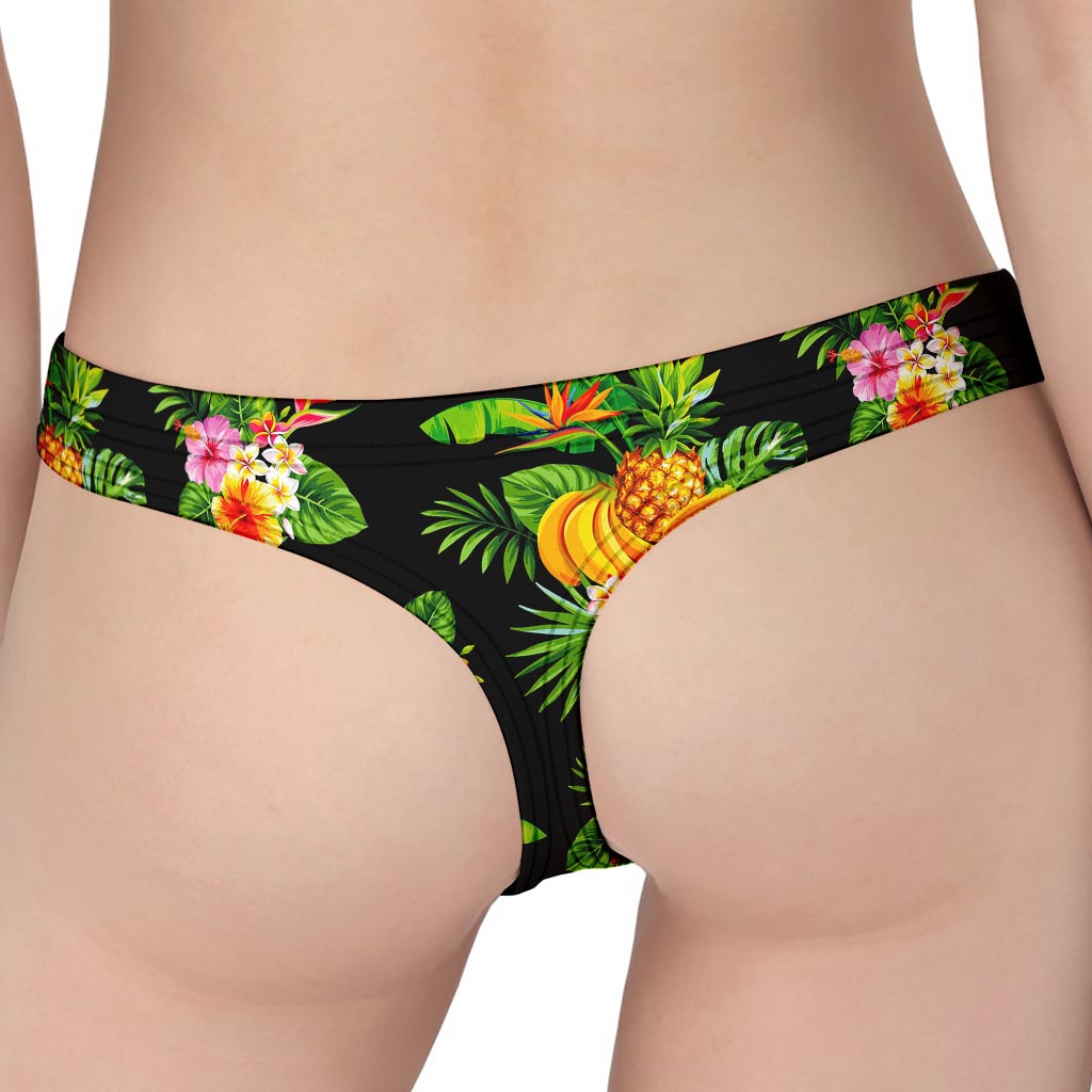 Black Tropical Hawaiian Pattern Print Women's Thong