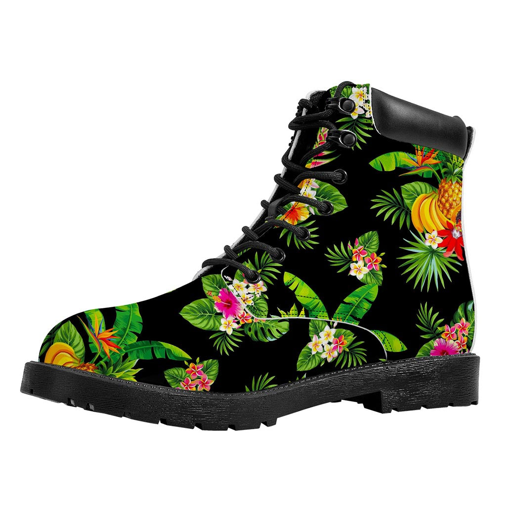 Black Tropical Hawaiian Pattern Print Work Boots