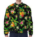 Black Tropical Hawaiian Pattern Print Zip Sleeve Bomber Jacket