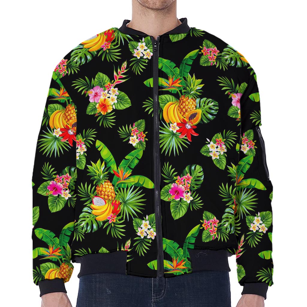 Black Tropical Hawaiian Pattern Print Zip Sleeve Bomber Jacket
