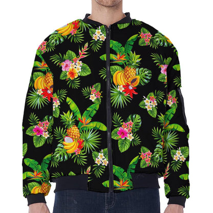 Black Tropical Hawaiian Pattern Print Zip Sleeve Bomber Jacket