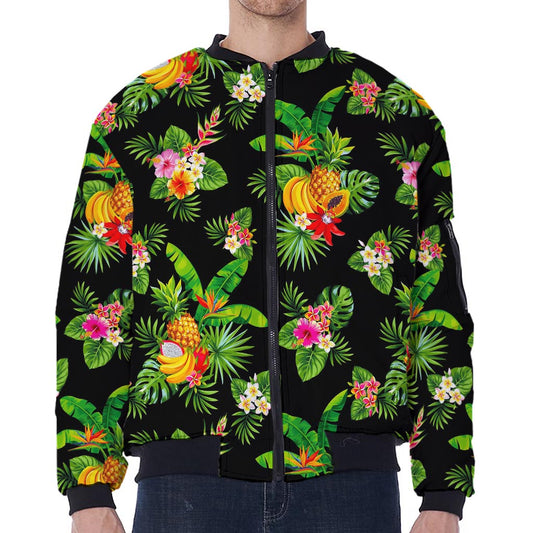 Black Tropical Hawaiian Pattern Print Zip Sleeve Bomber Jacket