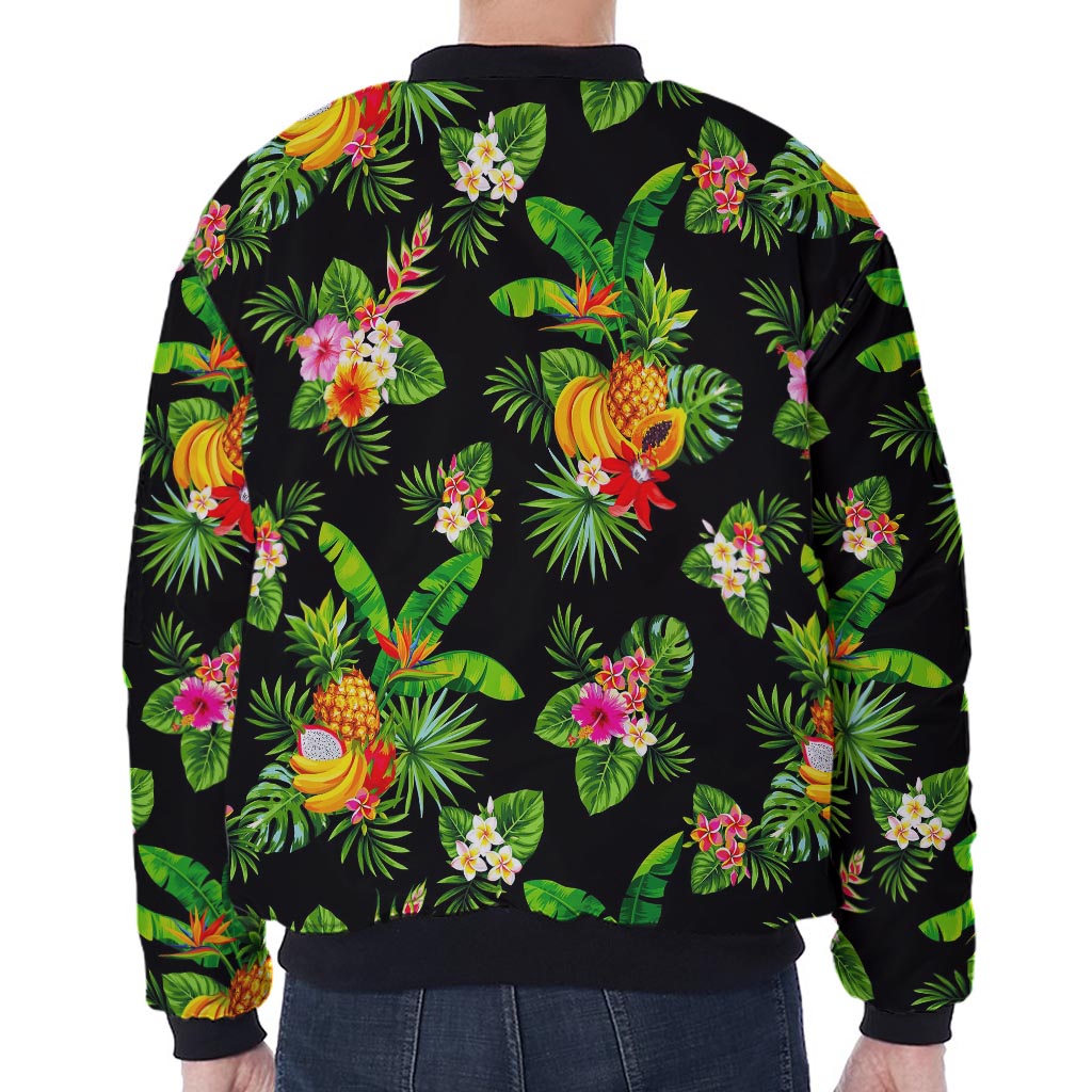 Black Tropical Hawaiian Pattern Print Zip Sleeve Bomber Jacket