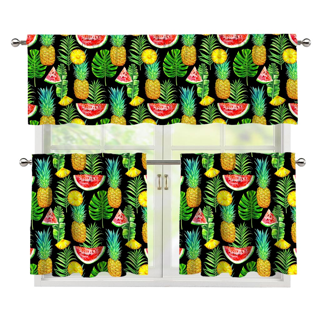 Black Tropical Pineapple Pattern Print 3 Piece Kitchen Curtains