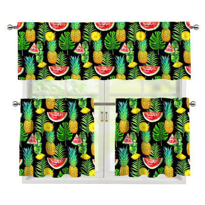 Black Tropical Pineapple Pattern Print 3 Piece Kitchen Curtains