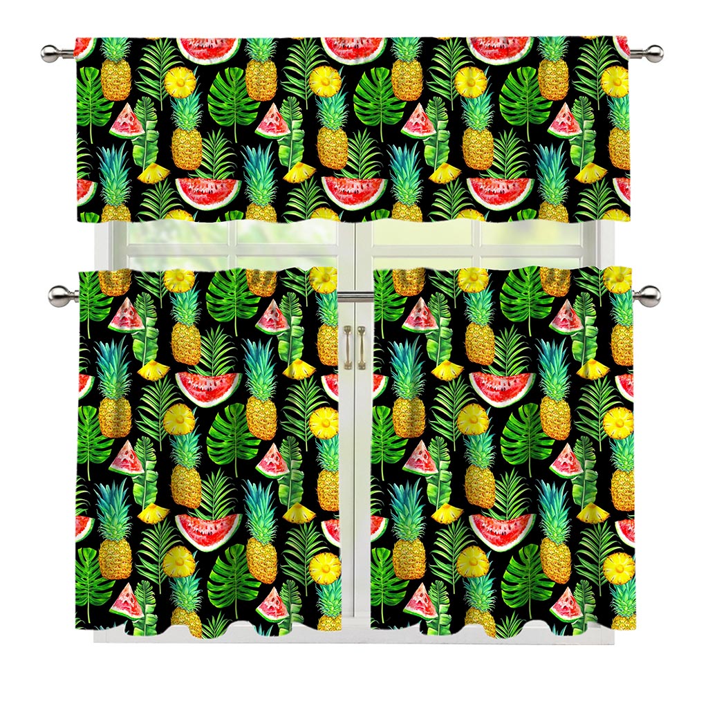 Black Tropical Pineapple Pattern Print 3 Piece Kitchen Curtains