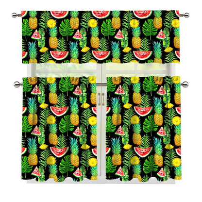 Black Tropical Pineapple Pattern Print 3 Piece Kitchen Curtains