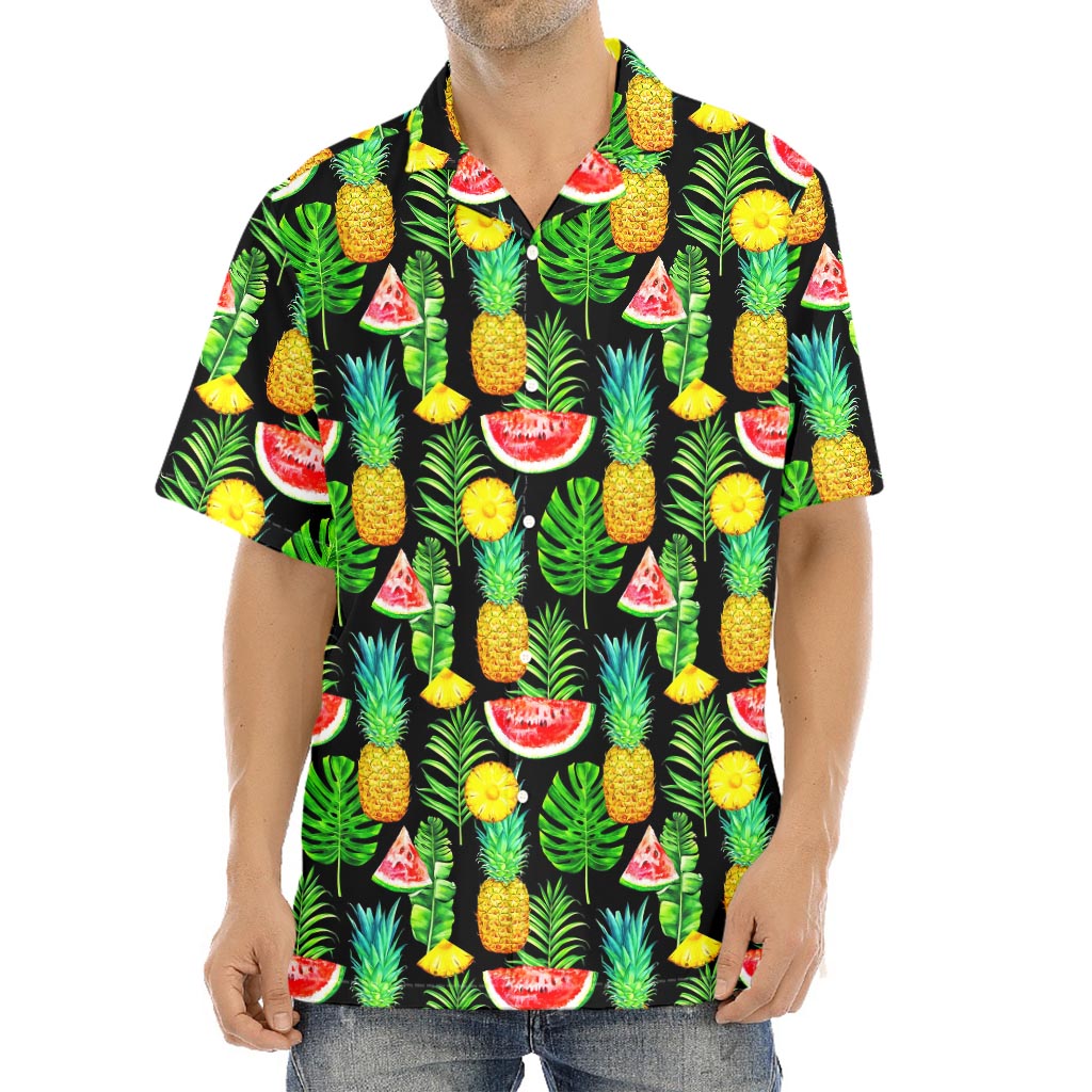 Black Tropical Pineapple Pattern Print Aloha Shirt