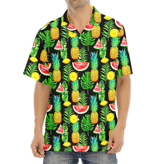 Black Tropical Pineapple Pattern Print Aloha Shirt
