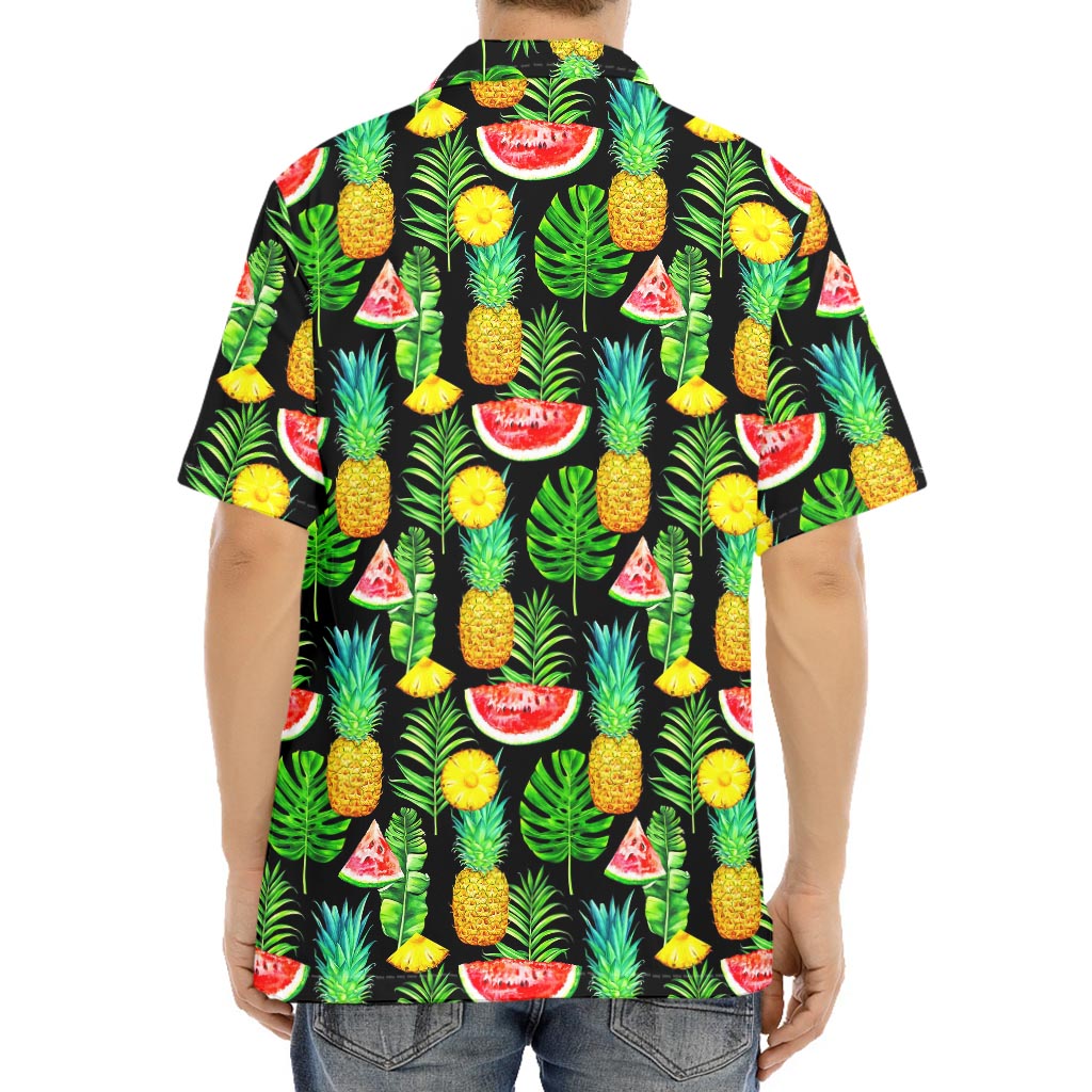 Black Tropical Pineapple Pattern Print Aloha Shirt