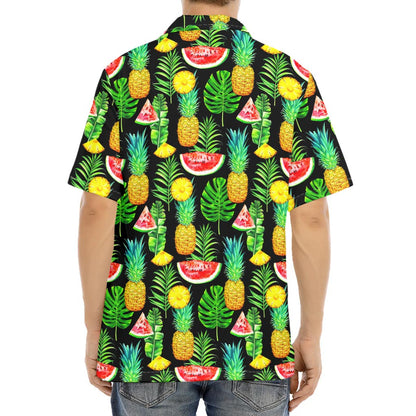 Black Tropical Pineapple Pattern Print Aloha Shirt