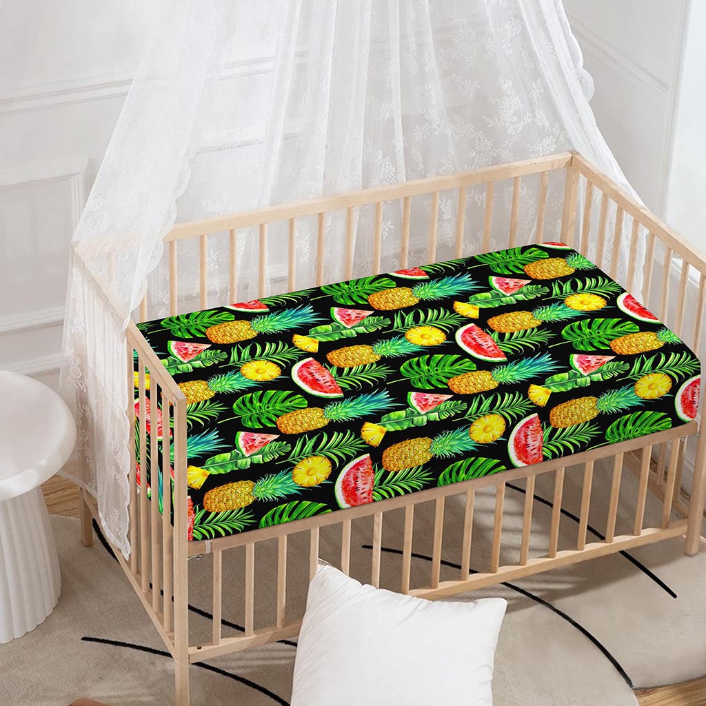 Black Tropical Pineapple Pattern Print Baby Crib Sheet